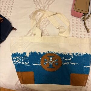 Tory Burch Cream and Blue Canvas Tote